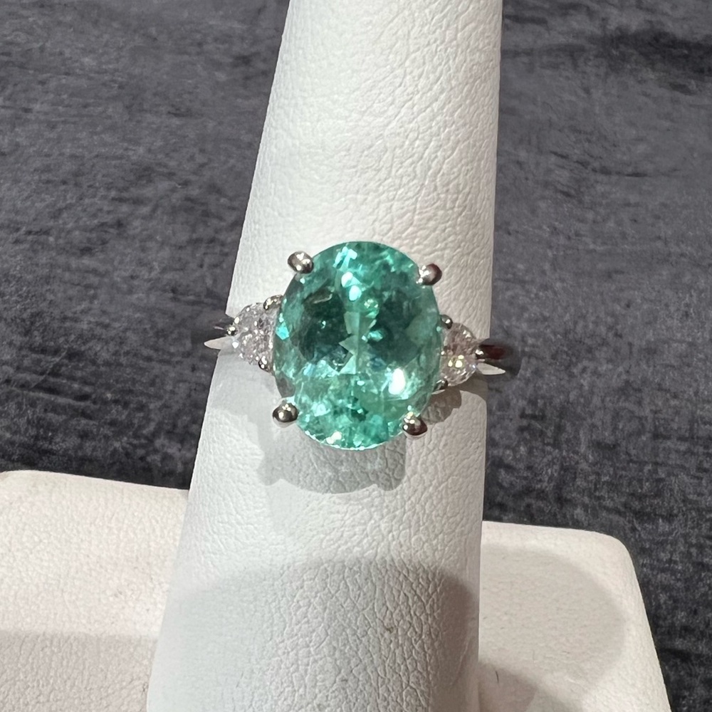 3.99 ct.  PARAIBA TOURMALINE colorless Half moon cut DIAMONDS 950 PLATINUM ring - Picture 10 of 17